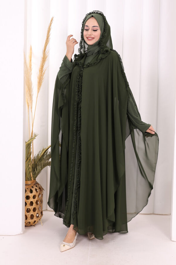 Kapişonlu Belirli Kısımları Fırfır Detaylı Abayalı Elbise Takım 3778 Haki - 2