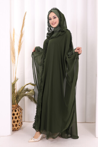 Kapişonlu Belirli Kısımları Fırfır Detaylı Abayalı Elbise Takım 3778 Haki - 3
