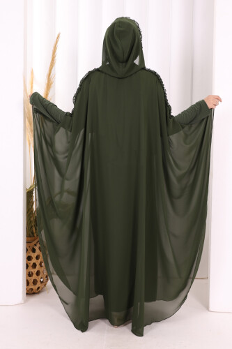 Kapişonlu Belirli Kısımları Fırfır Detaylı Abayalı Elbise Takım 3778 Haki - 4