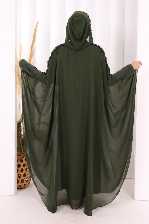 Kapişonlu Belirli Kısımları Fırfır Detaylı Abayalı Elbise Takım 3778 Haki - 4