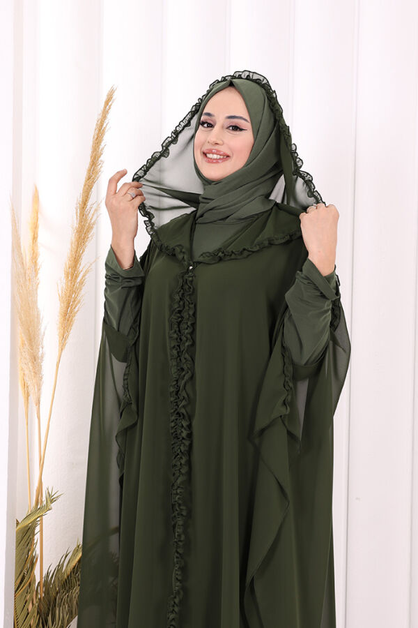 Kapişonlu Belirli Kısımları Fırfır Detaylı Abayalı Elbise Takım 3778 Haki - 5