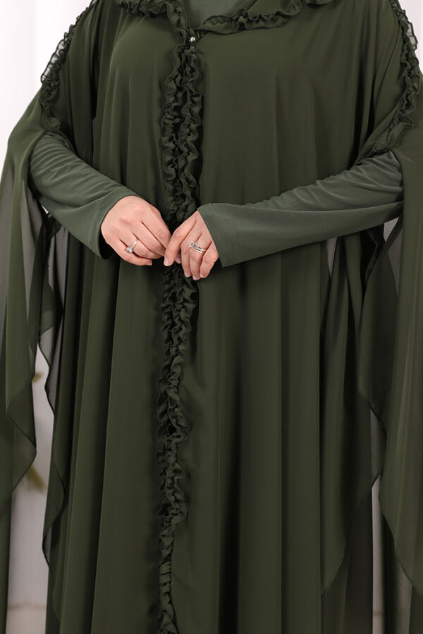 Kapişonlu Belirli Kısımları Fırfır Detaylı Abayalı Elbise Takım 3778 Haki - 6