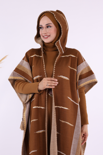 Kapişonlu Püskül Detaylı Triko Panço 1606 Taba - 5