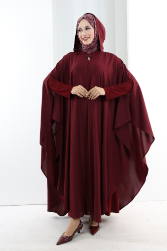 Kapşonlu Fermuarlı Pelerin 7078 Bordo - 2