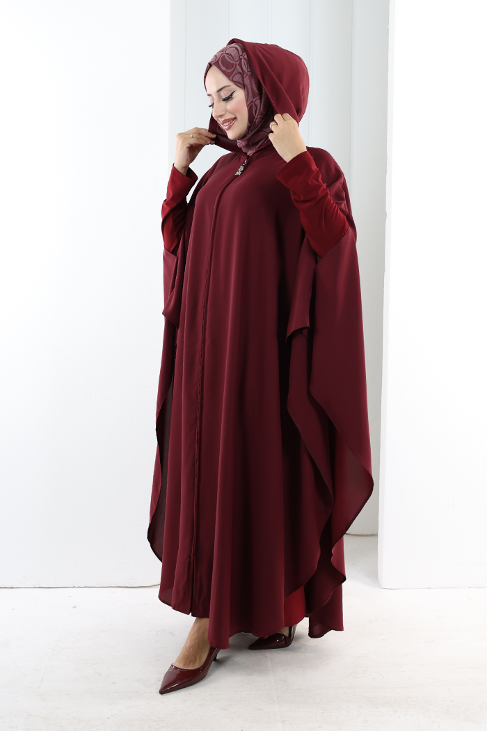 Kapşonlu Fermuarlı Pelerin 7078 Bordo - 3