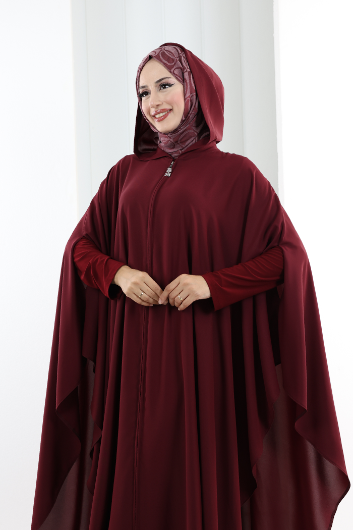 Kapşonlu Fermuarlı Pelerin 7078 Bordo - 4