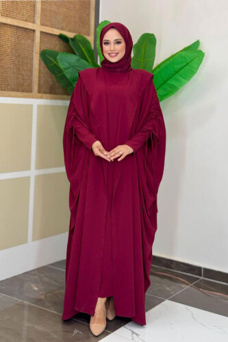 Kapüşonlu Abaya ve Elbise İkili Takım 70013 Bordo - Bym Fashion