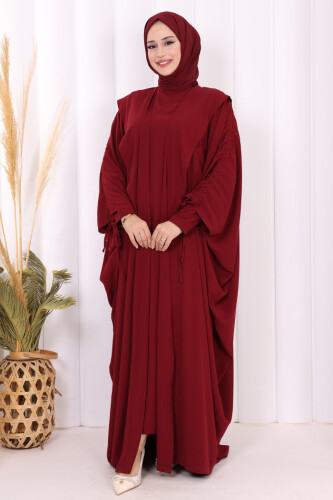 Kapüşonlu Abaya ve Elbise İkili Takım 70013 Bordo - Bym Fashion