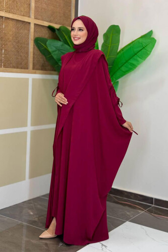 Kapüşonlu Abaya ve Elbise İkili Takım 70013 Bordo - 2