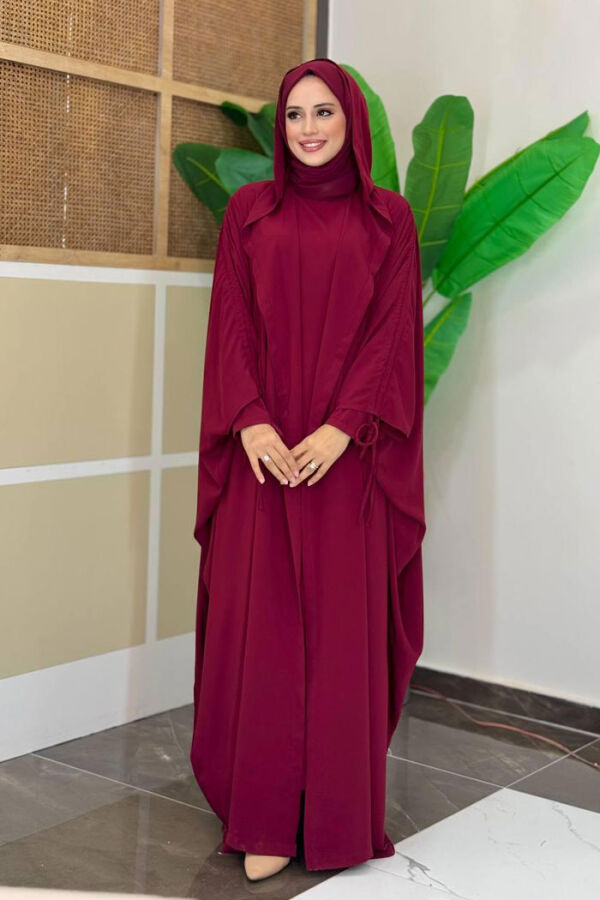 Kapüşonlu Abaya ve Elbise İkili Takım 70013 Bordo - 3