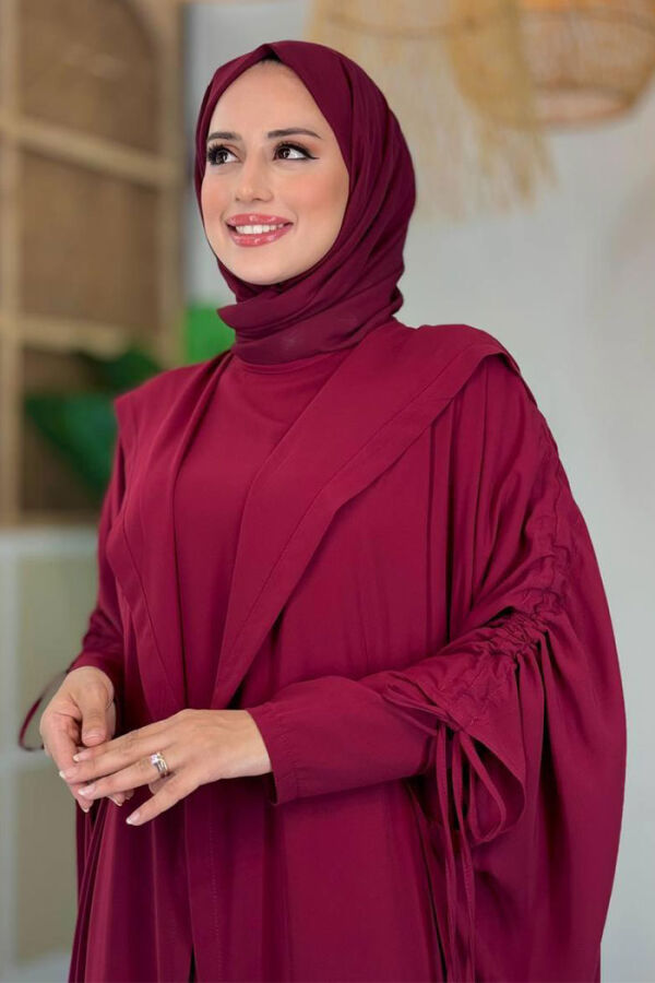 Kapüşonlu Abaya ve Elbise İkili Takım 70013 Bordo - 4