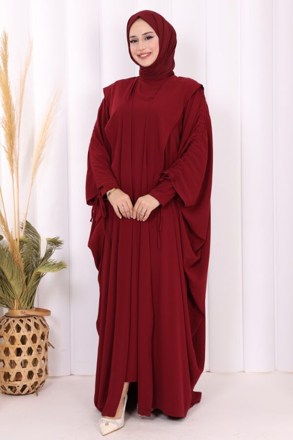 Kapüşonlu Abaya ve  Elbise İkili Takım 70013 Bordo - 1