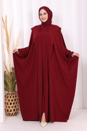 Kapüşonlu Abaya ve  Elbise İkili Takım 70013 Bordo - 2