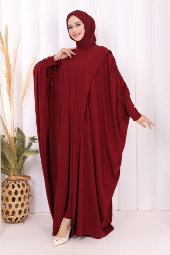 Kapüşonlu Abaya ve  Elbise İkili Takım 70013 Bordo - 3