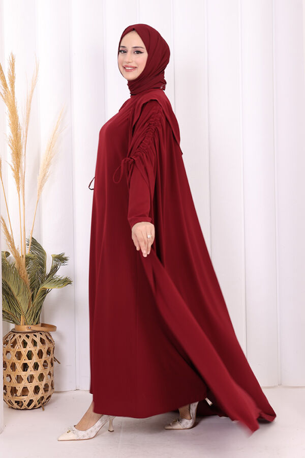 Kapüşonlu Abaya ve  Elbise İkili Takım 70013 Bordo - 4