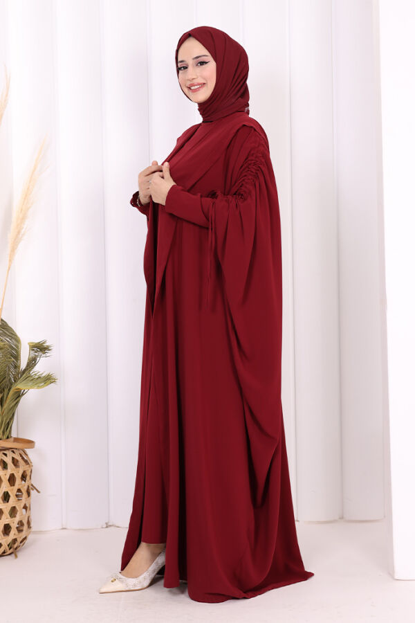 Kapüşonlu Abaya ve  Elbise İkili Takım 70013 Bordo - 5