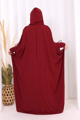 Kapüşonlu Abaya ve  Elbise İkili Takım 70013 Bordo - 6