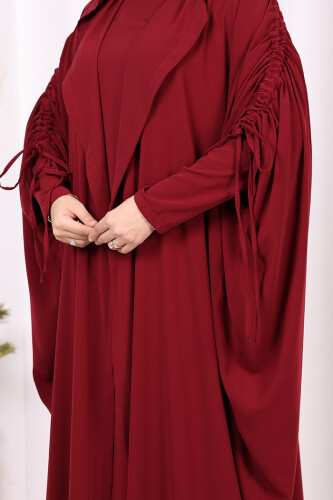 Kapüşonlu Abaya ve  Elbise İkili Takım 70013 Bordo - 7