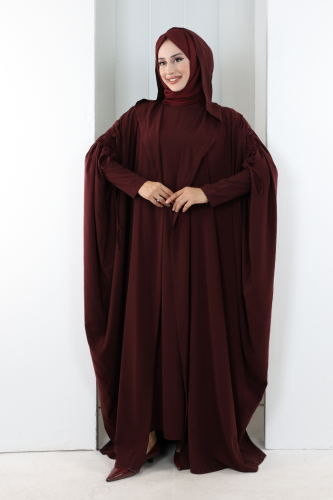 Kapüşonlu Abaya ve  Elbise İkili Takım 70013 Bordo 