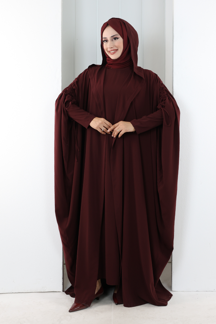 Kapüşonlu Abaya ve  Elbise İkili Takım 70013 Bordo - 1