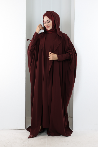 Kapüşonlu Abaya ve  Elbise İkili Takım 70013 Bordo - 2