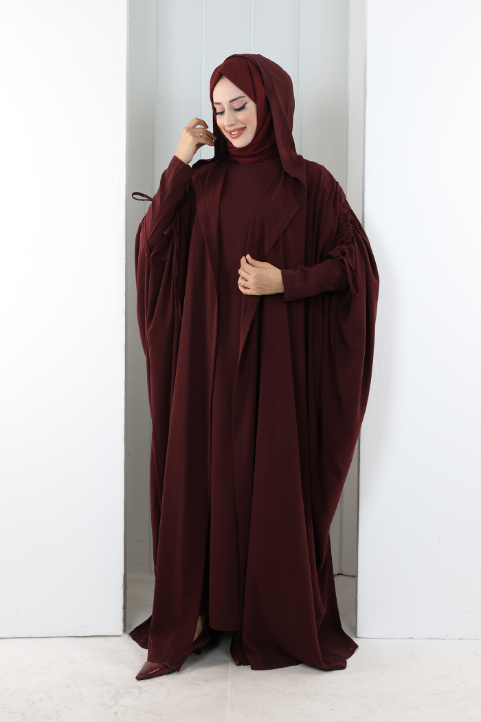 Kapüşonlu Abaya ve  Elbise İkili Takım 70013 Bordo - 2