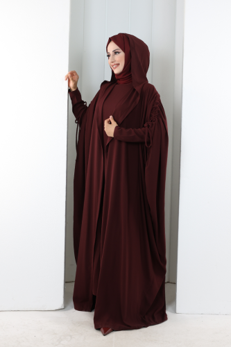 Kapüşonlu Abaya ve  Elbise İkili Takım 70013 Bordo - 3
