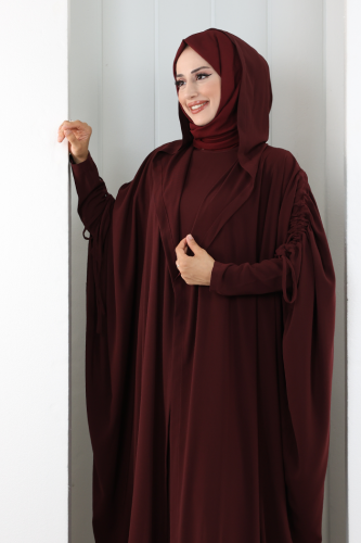 Kapüşonlu Abaya ve  Elbise İkili Takım 70013 Bordo - 5
