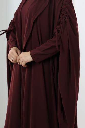 Kapüşonlu Abaya ve  Elbise İkili Takım 70013 Bordo - 6