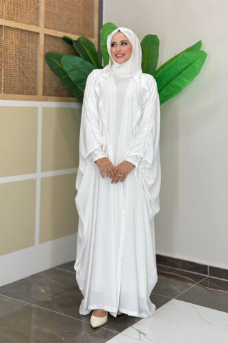 Kapüşonlu Abaya ve Elbise İkili Takım 70013 Ekru 