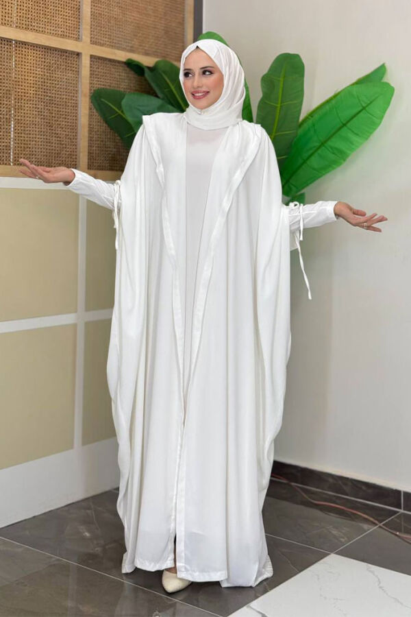 Kapüşonlu Abaya ve Elbise İkili Takım 70013 Ekru - 2