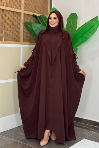 Kapüşonlu Abaya ve Elbise İkili Takım 70013 Kahverengi 