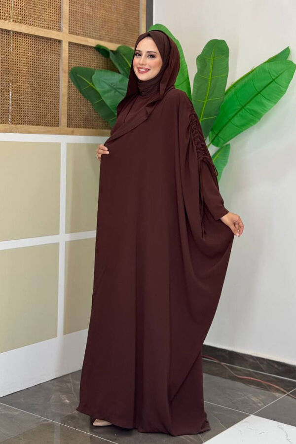 Kapüşonlu Abaya ve Elbise İkili Takım 70013 Kahverengi - 2