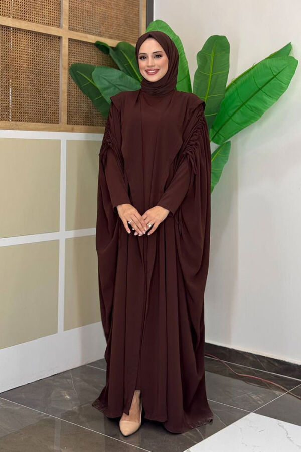 Kapüşonlu Abaya ve Elbise İkili Takım 70013 Kahverengi - 3