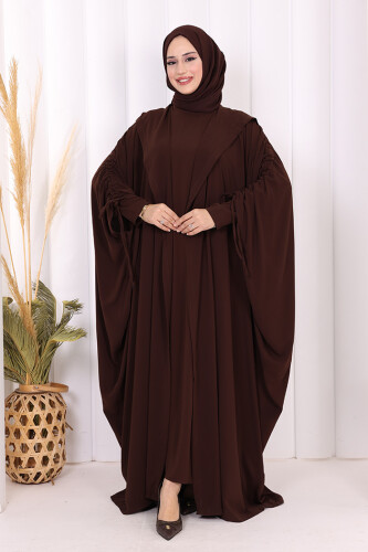 Kapüşonlu Abaya ve  Elbise İkili Takım 70013 Kahverengi 
