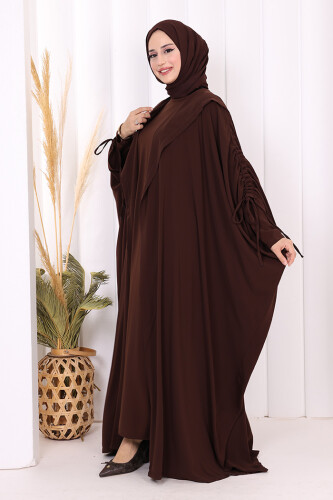 Kapüşonlu Abaya ve  Elbise İkili Takım 70013 Kahverengi - 2