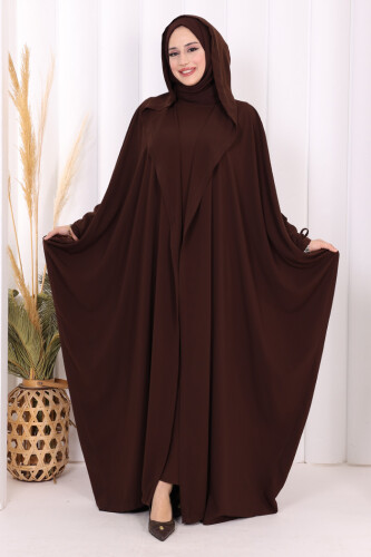 Kapüşonlu Abaya ve  Elbise İkili Takım 70013 Kahverengi - 3