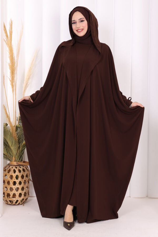Kapüşonlu Abaya ve  Elbise İkili Takım 70013 Kahverengi - 3