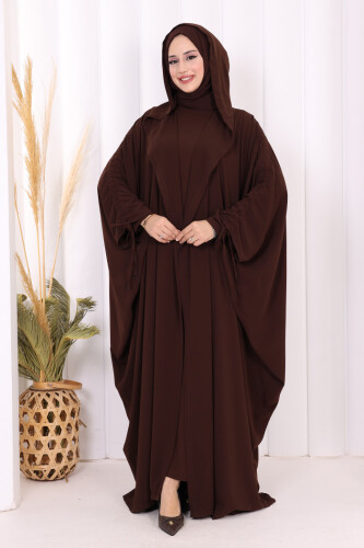 Kapüşonlu Abaya ve  Elbise İkili Takım 70013 Kahverengi - 4
