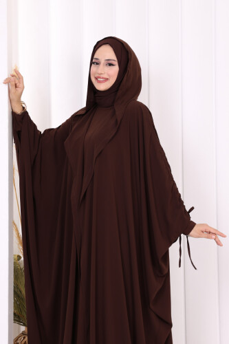 Kapüşonlu Abaya ve  Elbise İkili Takım 70013 Kahverengi - 5
