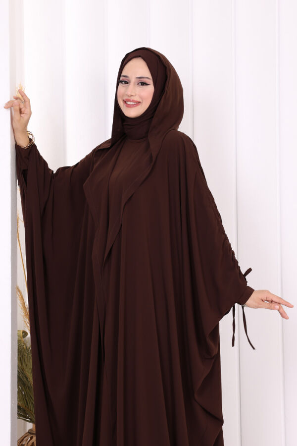Kapüşonlu Abaya ve  Elbise İkili Takım 70013 Kahverengi - 5