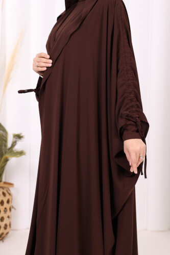 Kapüşonlu Abaya ve  Elbise İkili Takım 70013 Kahverengi - 6