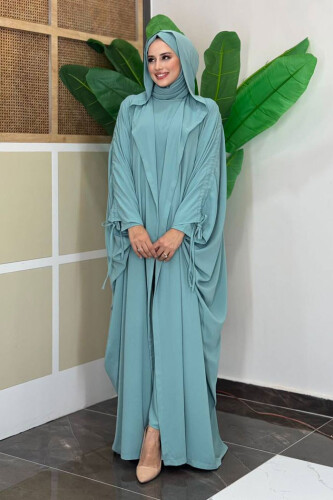 Kapüşonlu Abaya ve Elbise İkili Takım 70013 Mint - Bym Fashion