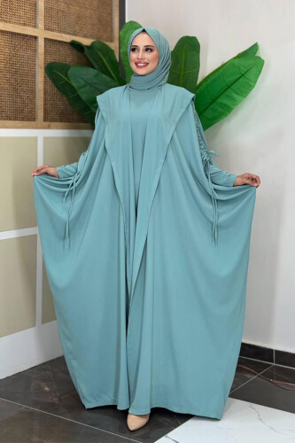 Kapüşonlu Abaya ve Elbise İkili Takım 70013 Mint - 3