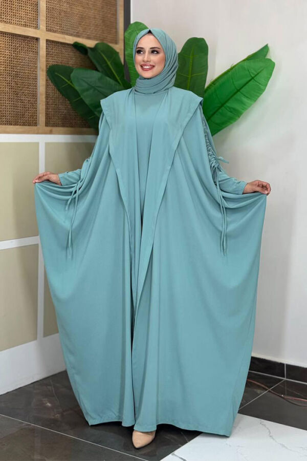 Kapüşonlu Abaya ve Elbise İkili Takım 70013 Mint - 3