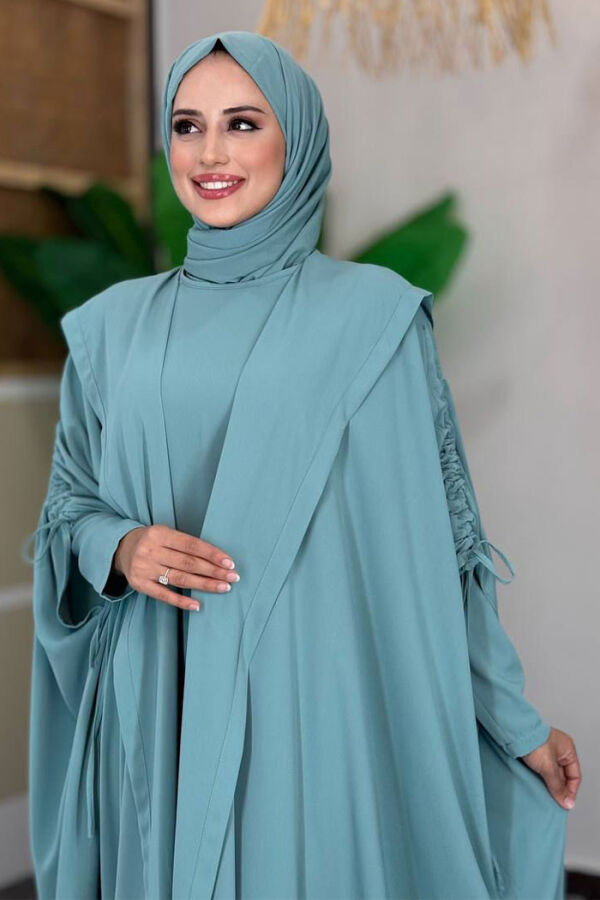 Kapüşonlu Abaya ve Elbise İkili Takım 70013 Mint - 4