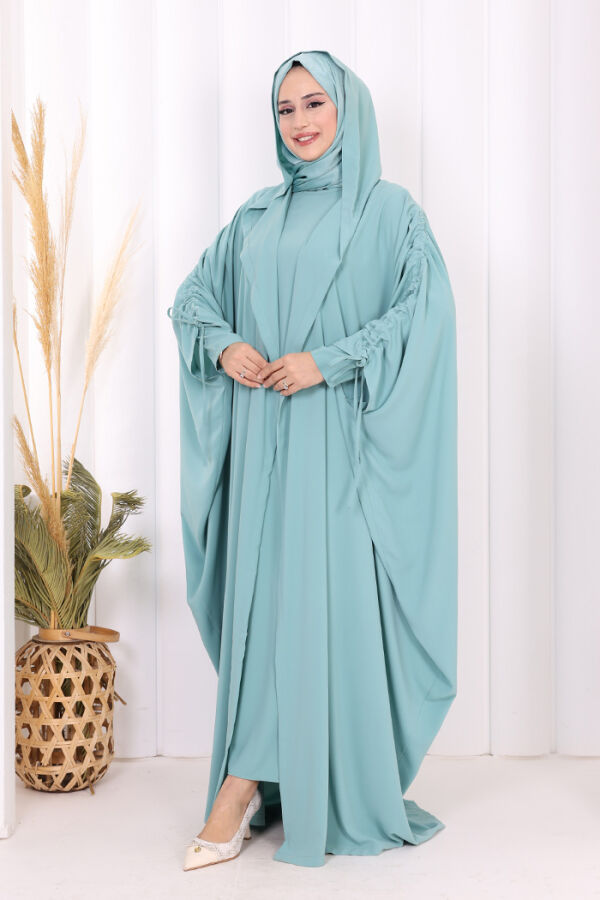 Kapüşonlu Abaya ve  Elbise İkili Takım 70013 Mint - 4