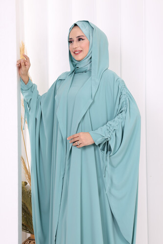 Kapüşonlu Abaya ve  Elbise İkili Takım 70013 Mint - 5