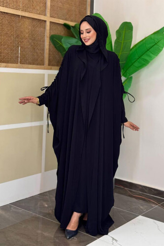 Kapüşonlu Abaya ve Elbise İkili Takım 70013 Siyah 