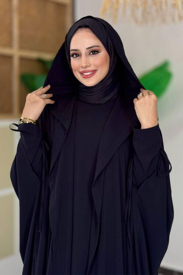 Kapüşonlu Abaya ve Elbise İkili Takım 70013 Siyah - 4